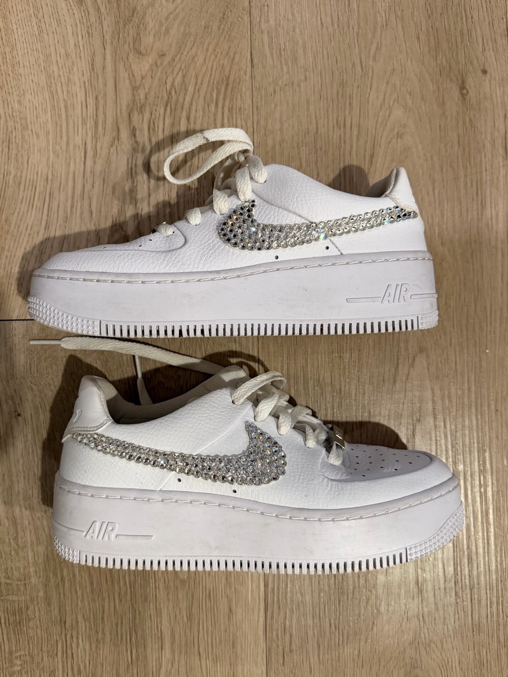 Custom Nike Air Force 1 White Platform Sneakers with Crystal Rhinestone Swoosh